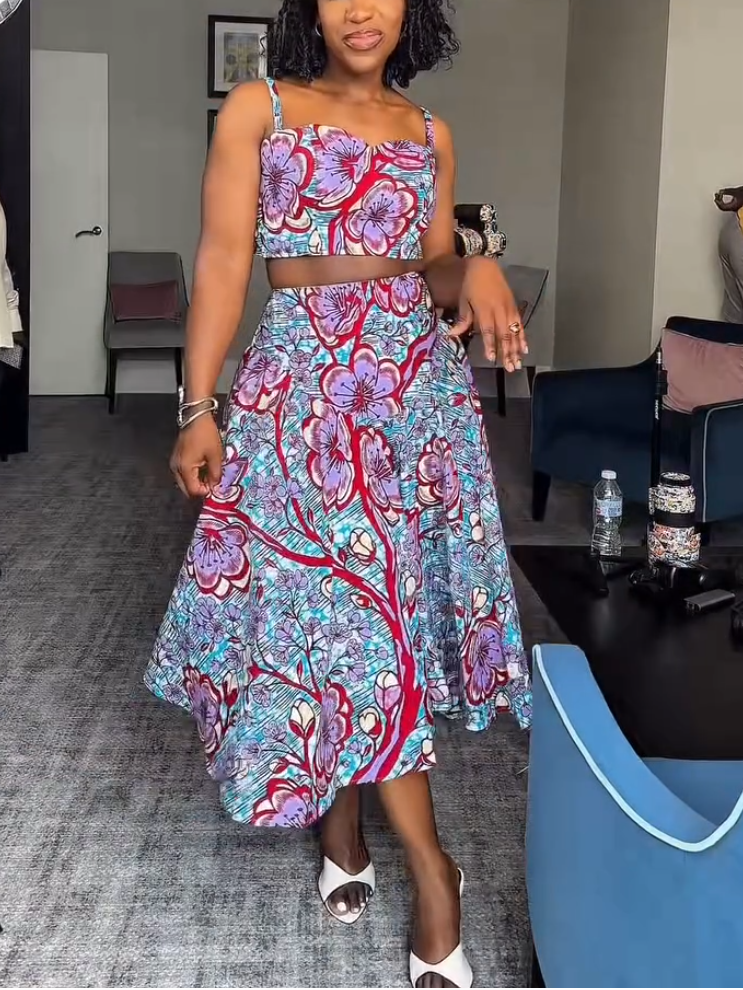 Elegant Purple Flower Print Sling Two-Piece Set