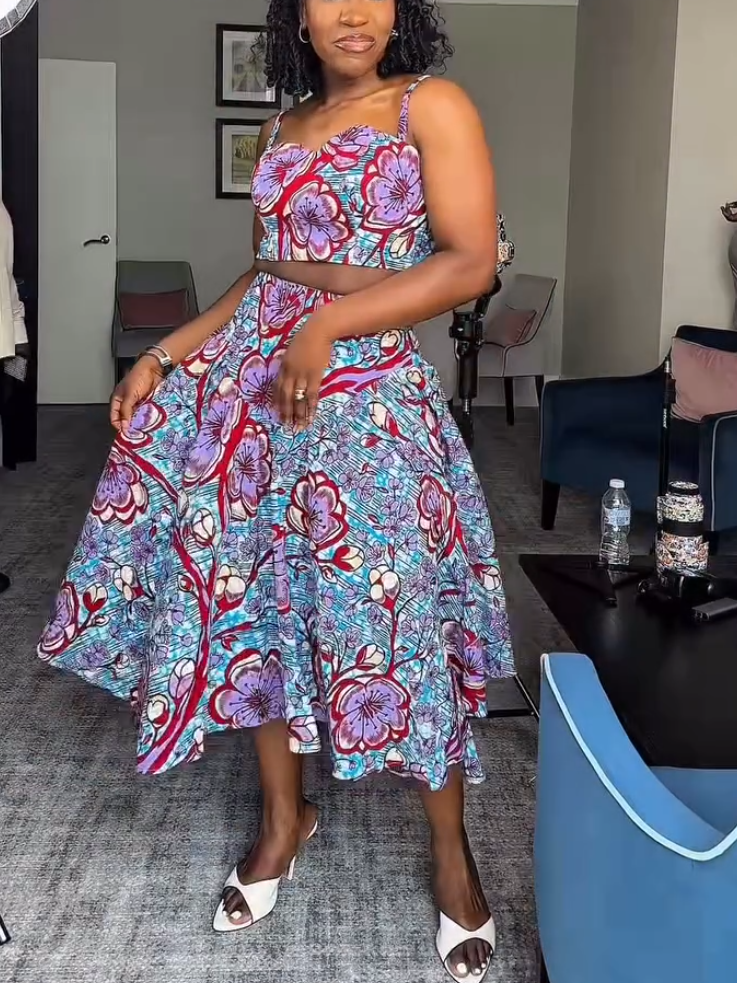 Elegant Purple Flower Print Sling Two-Piece Set