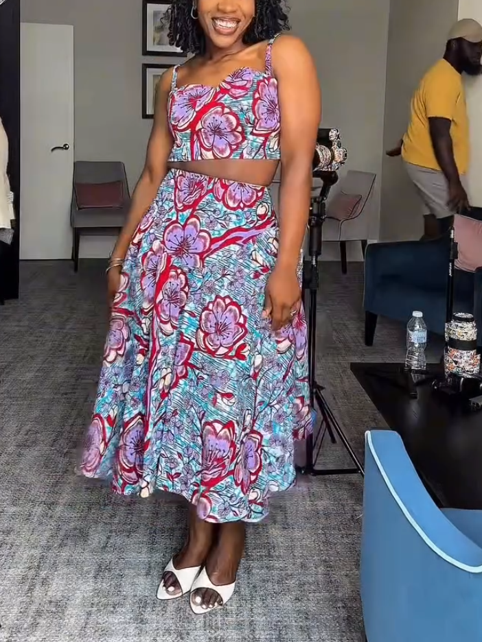 Elegant Purple Flower Print Sling Two-Piece Set