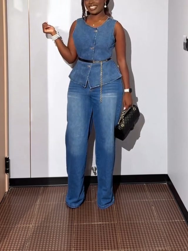 Denim Button Sleeveless Two-piece Set