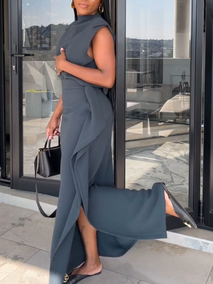 Elegant Grey Turtleneck Two-piece Set