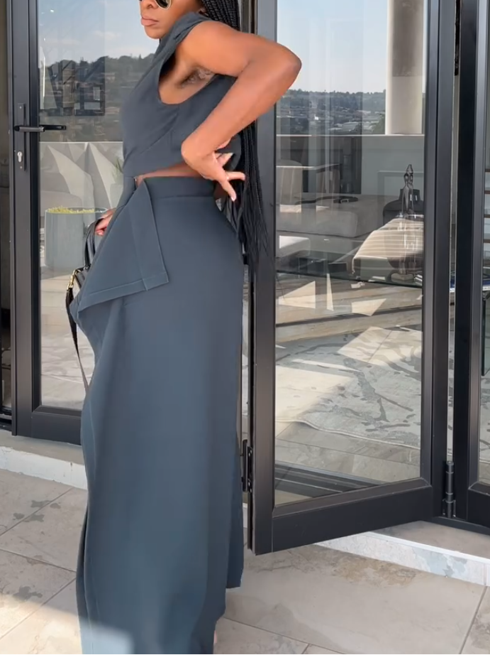 Elegant Grey Turtleneck Two-piece Set