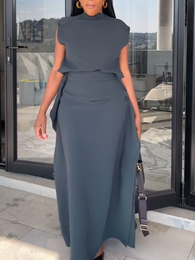 Elegant Grey Turtleneck Two-piece Set