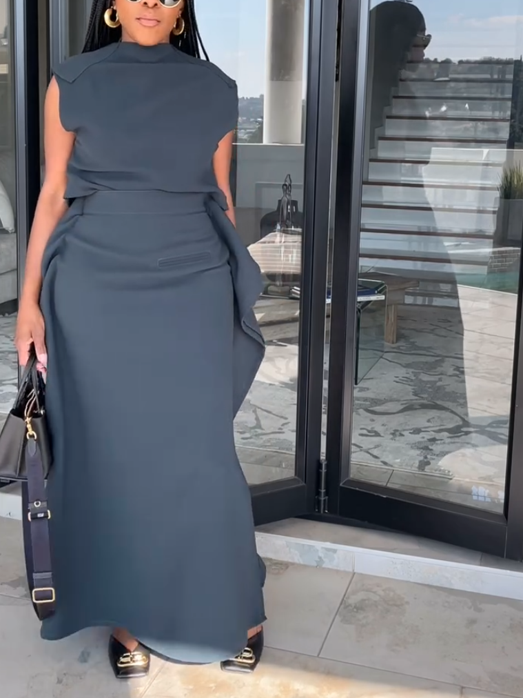 Elegant Grey Turtleneck Two-piece Set