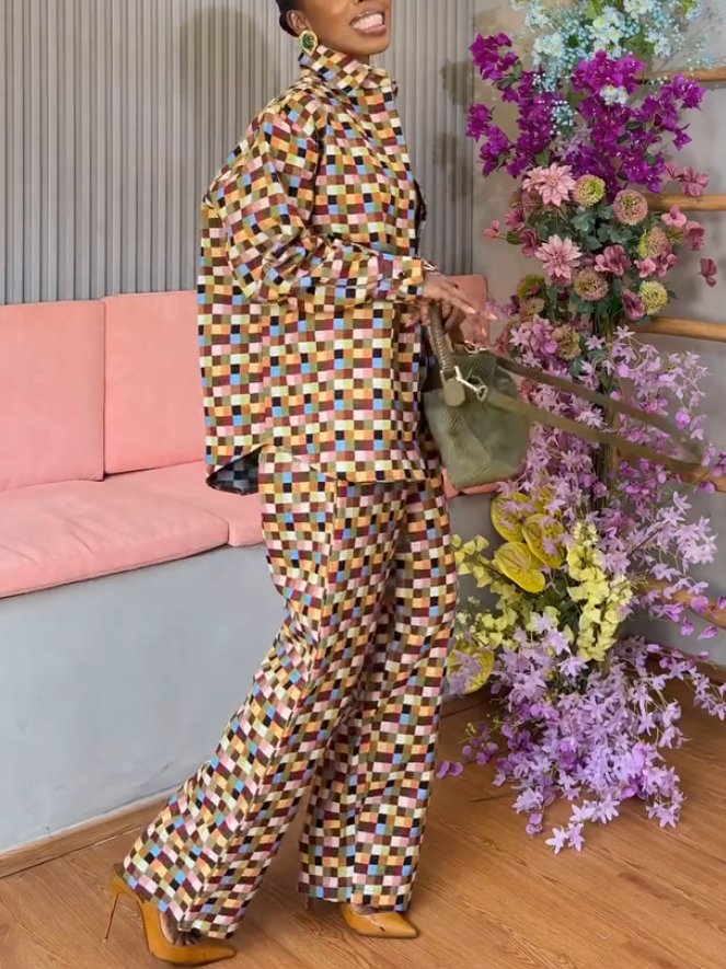 Casual Color Check Print Long Sleeve Two-Piece Set