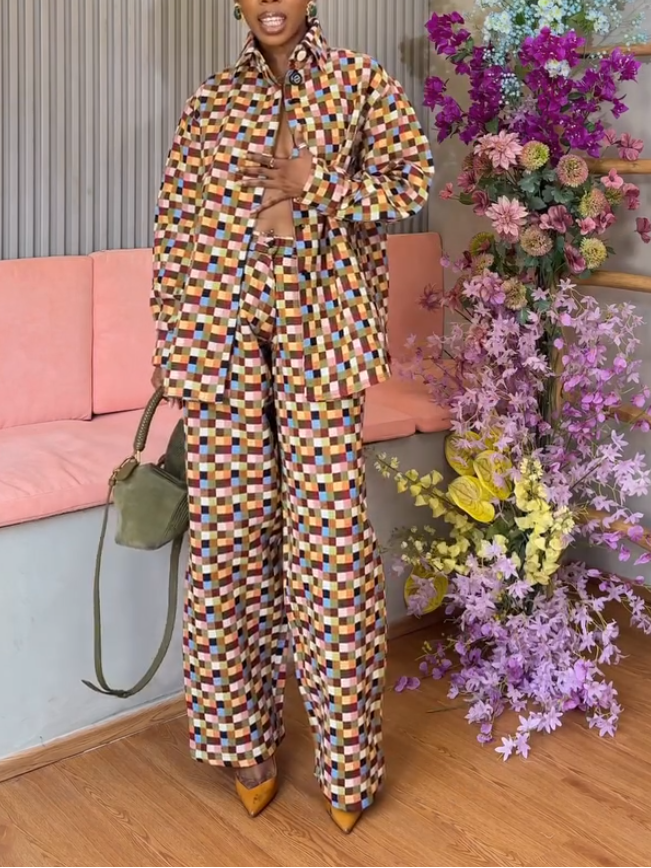 Casual Color Check Print Long Sleeve Two-Piece Set