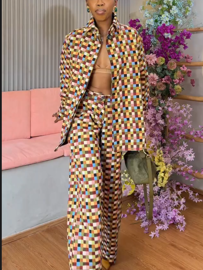 Casual Color Check Print Long Sleeve Two-Piece Set