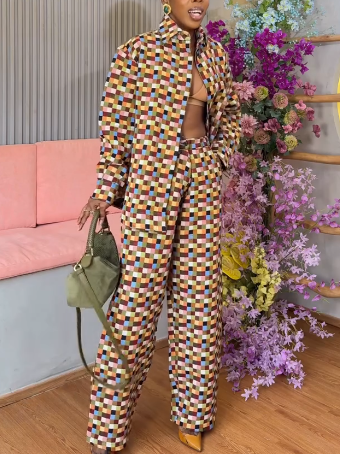 Casual Color Check Print Long Sleeve Two-Piece Set