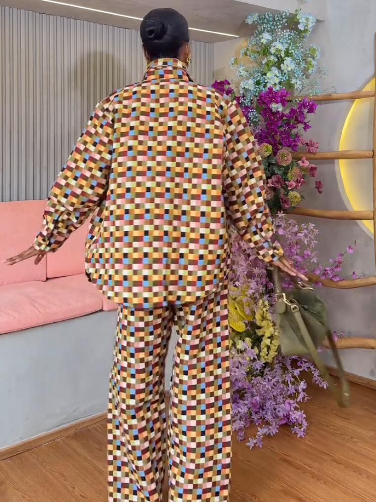 Casual Color Check Print Long Sleeve Two-Piece Set