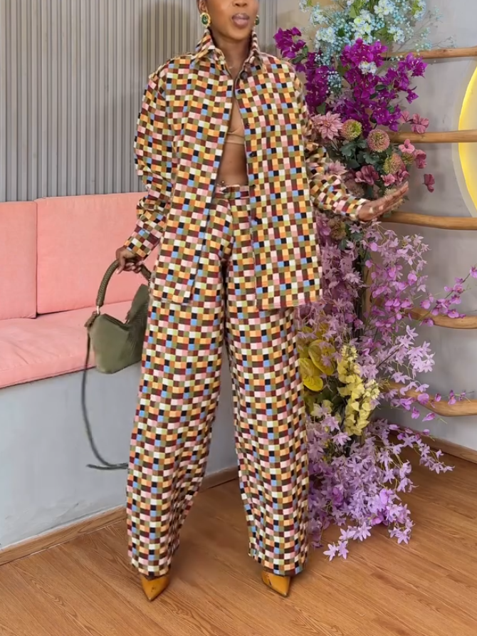 Casual Color Check Print Long Sleeve Two-Piece Set
