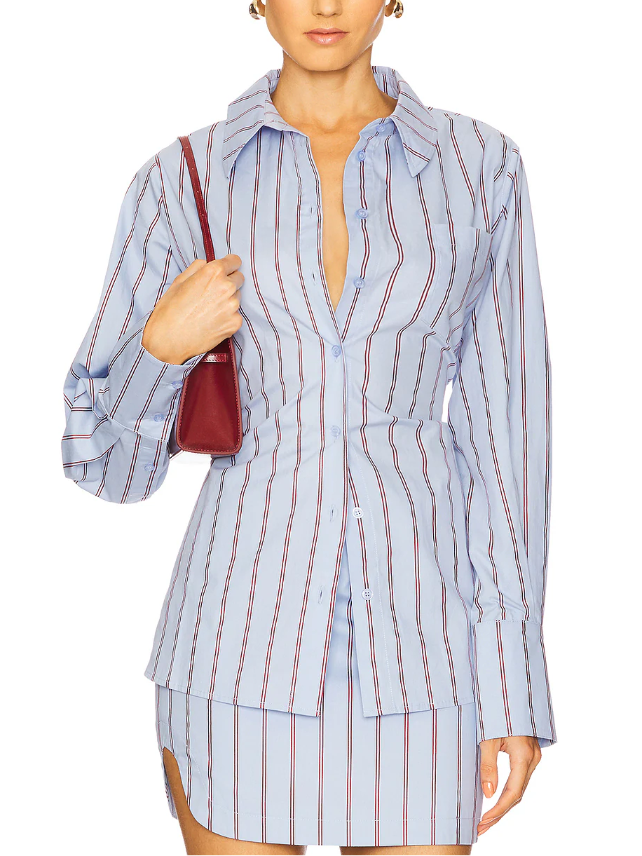 Casual Blue Striped Long Sleeve Two-Piece Set