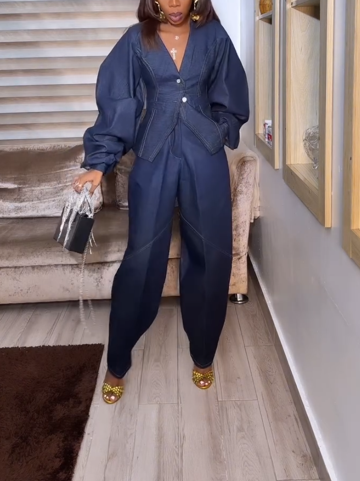 Elegant Denim Long Sleeve Button Two-piece Set