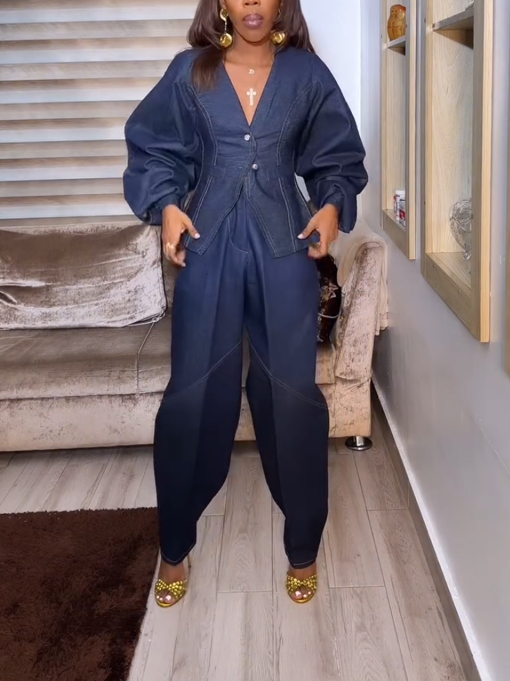 Elegant Denim Long Sleeve Button Two-piece Set