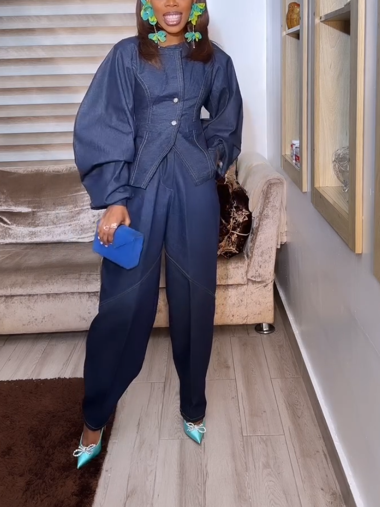 Elegant Denim Long Sleeve Button Two-piece Set