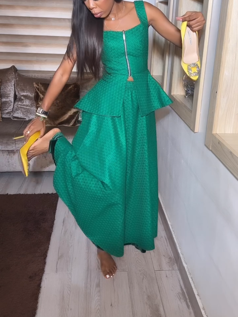 Elegant Peacock Green Zip Two-Piece Set