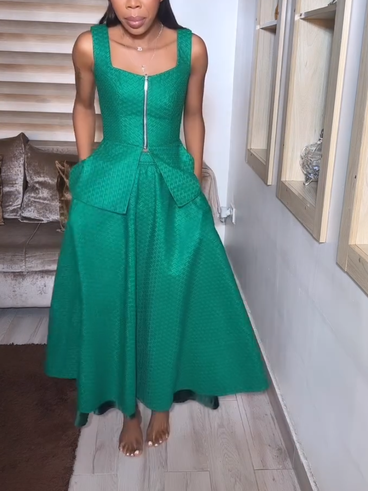 Elegant Peacock Green Zip Two-Piece Set