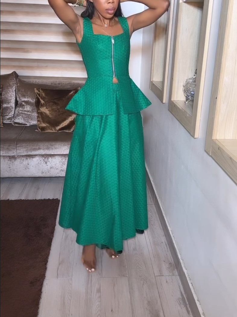 Elegant Peacock Green Zip Two-Piece Set