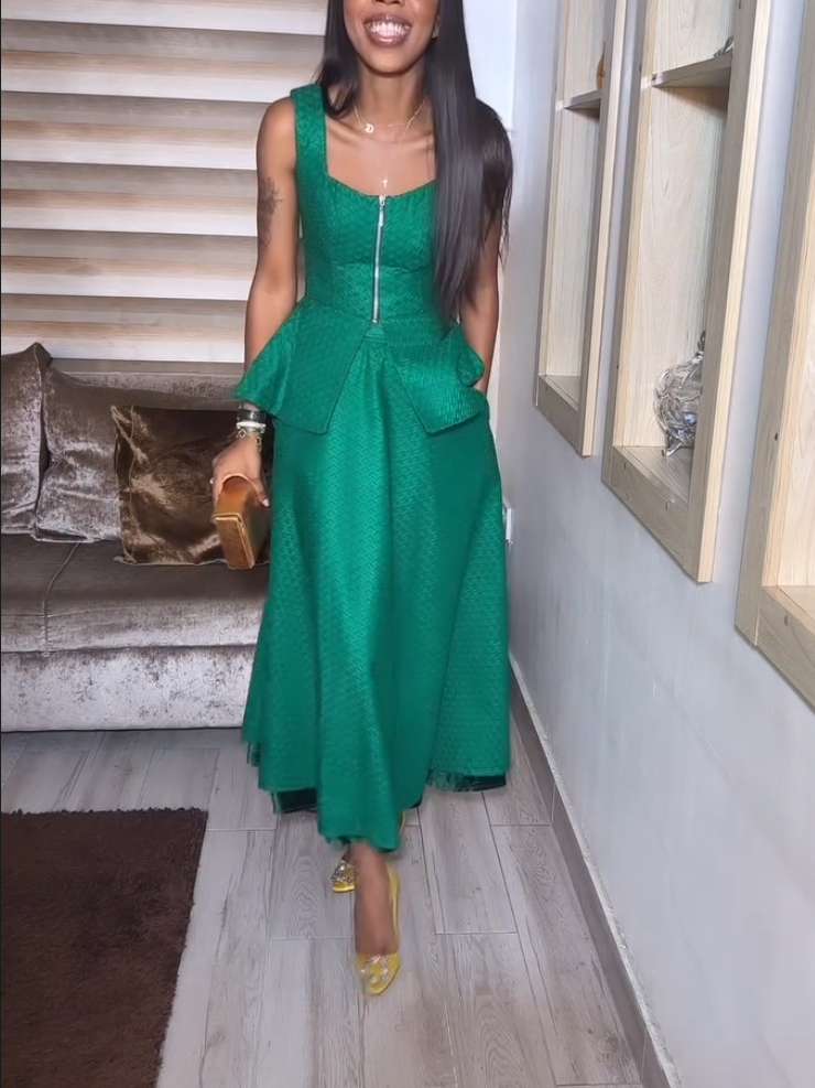 Elegant Peacock Green Zip Two-Piece Set