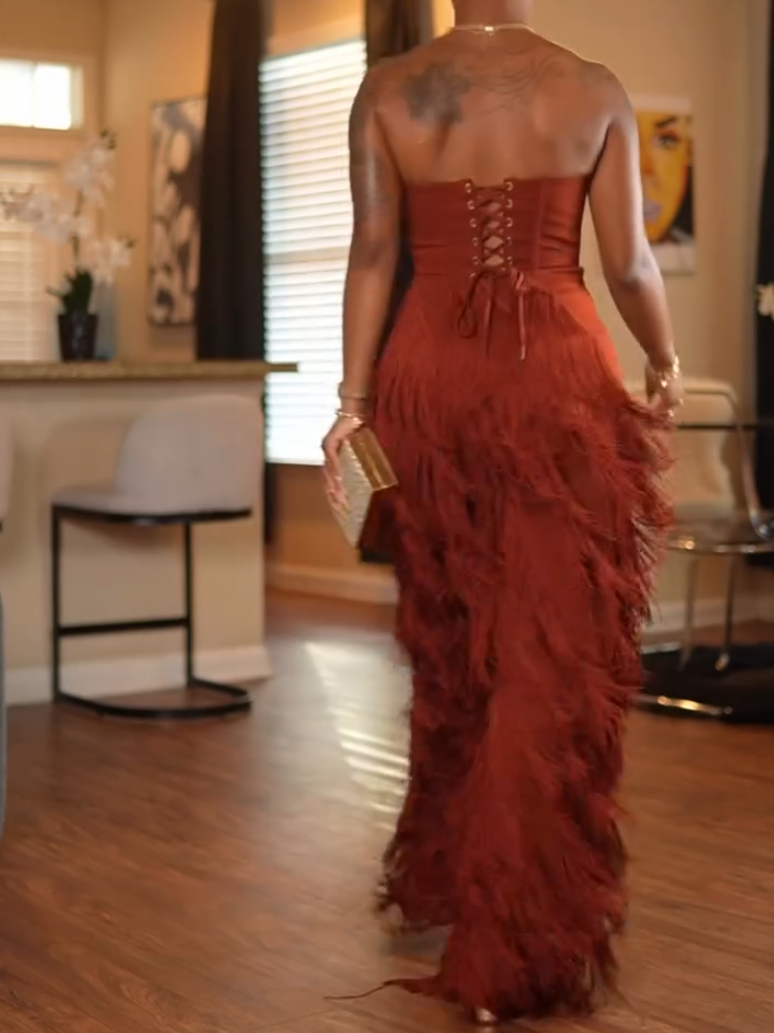 Stunning Brown Strapless Tassel Two-Piece Set