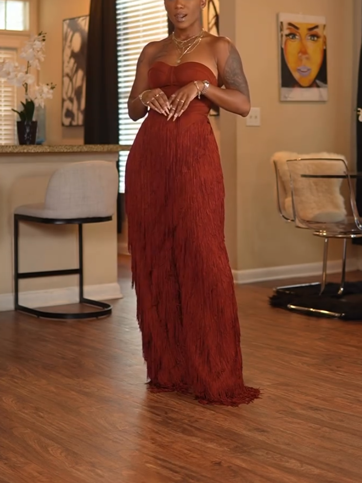 Stunning Brown Strapless Tassel Two-Piece Set