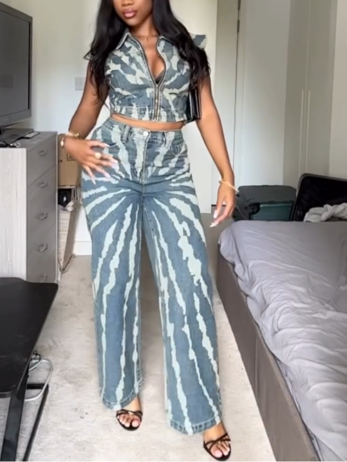 Denim Zipper Two-Piece Set