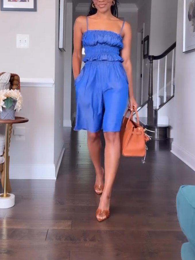 Elegant Blue Pleated Sling Two-Piece Set