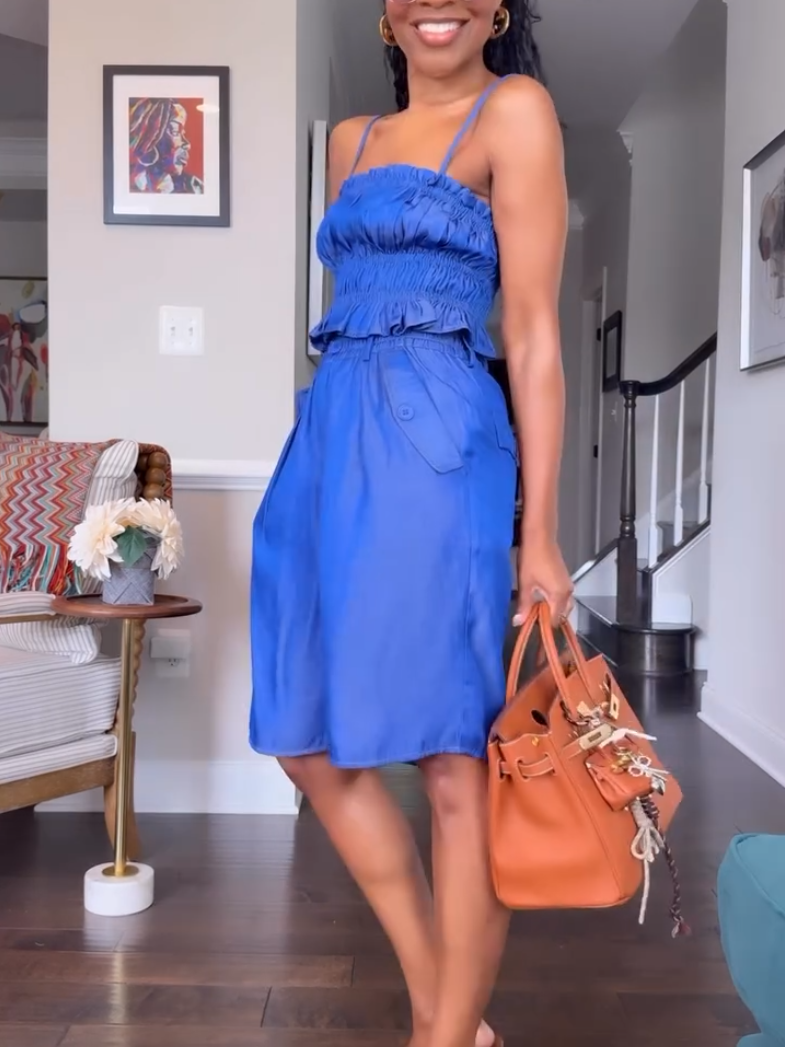 Elegant Blue Pleated Sling Two-Piece Set