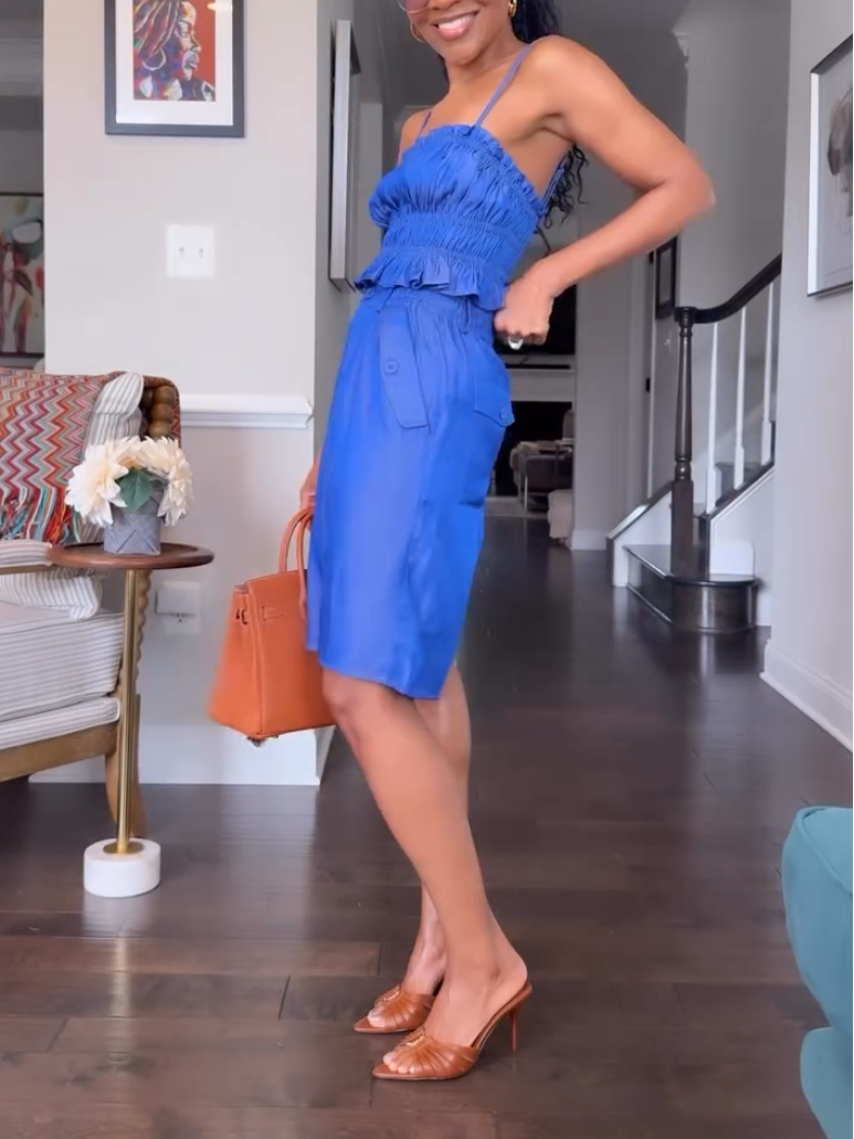 Elegant Blue Pleated Sling Two-Piece Set