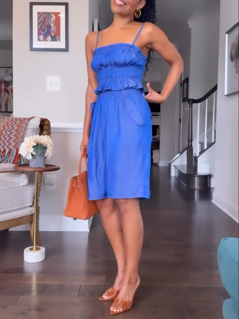 Elegant Blue Pleated Sling Two-Piece Set