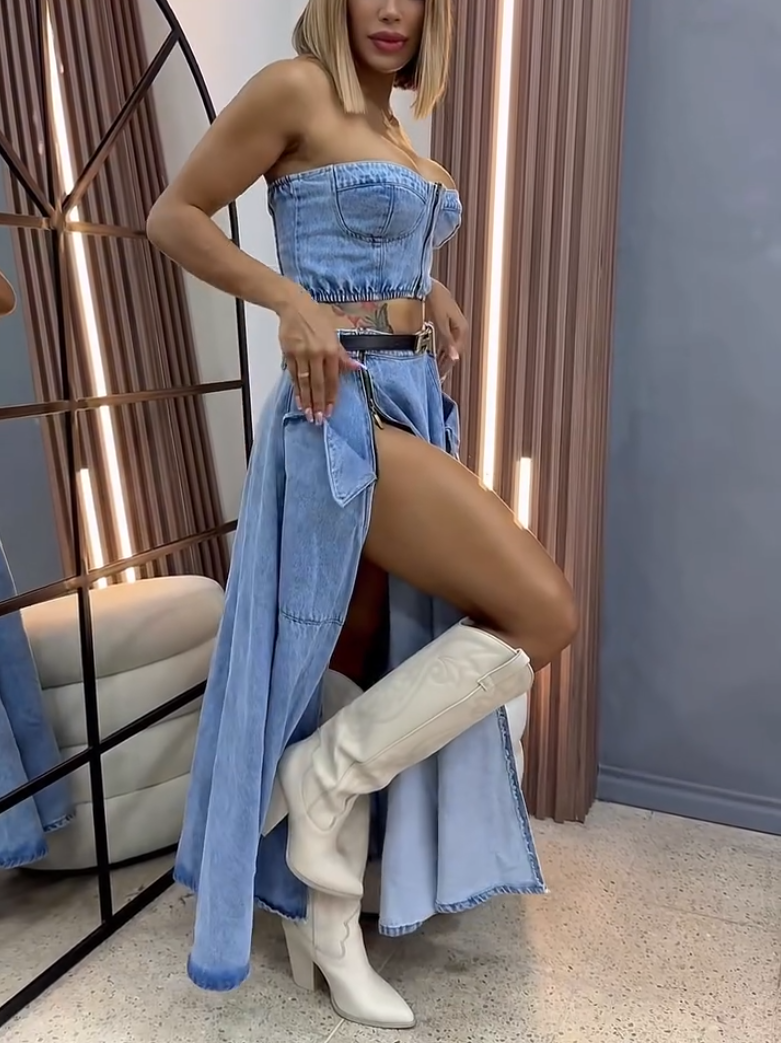 Elegant Light Blue Denim Zip Tube Top Two-Piece Set