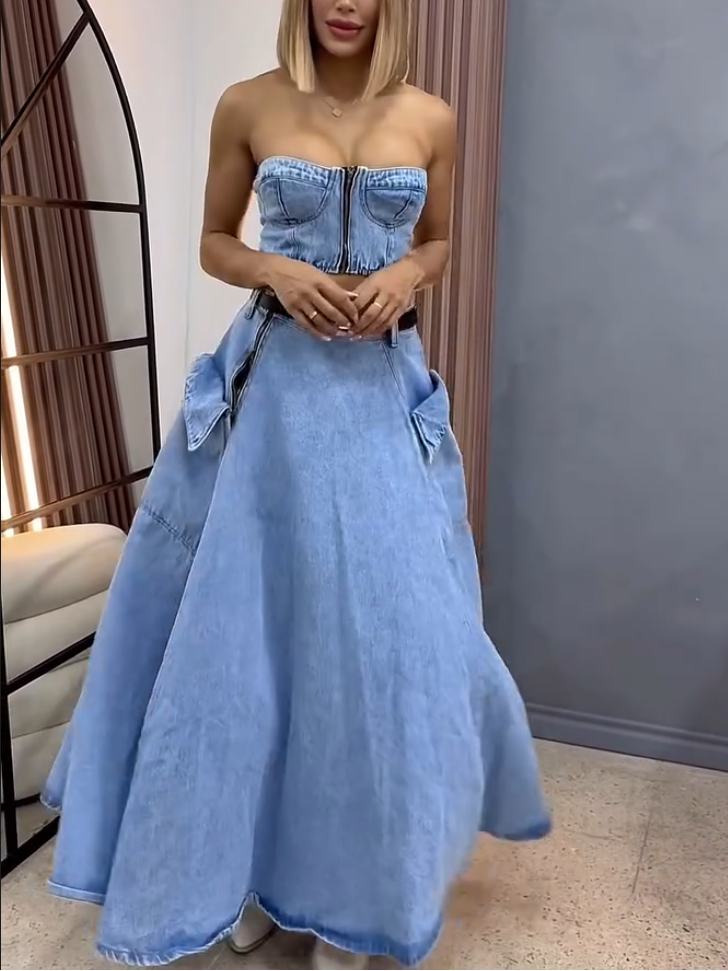 Elegant Light Blue Denim Zip Tube Top Two-Piece Set