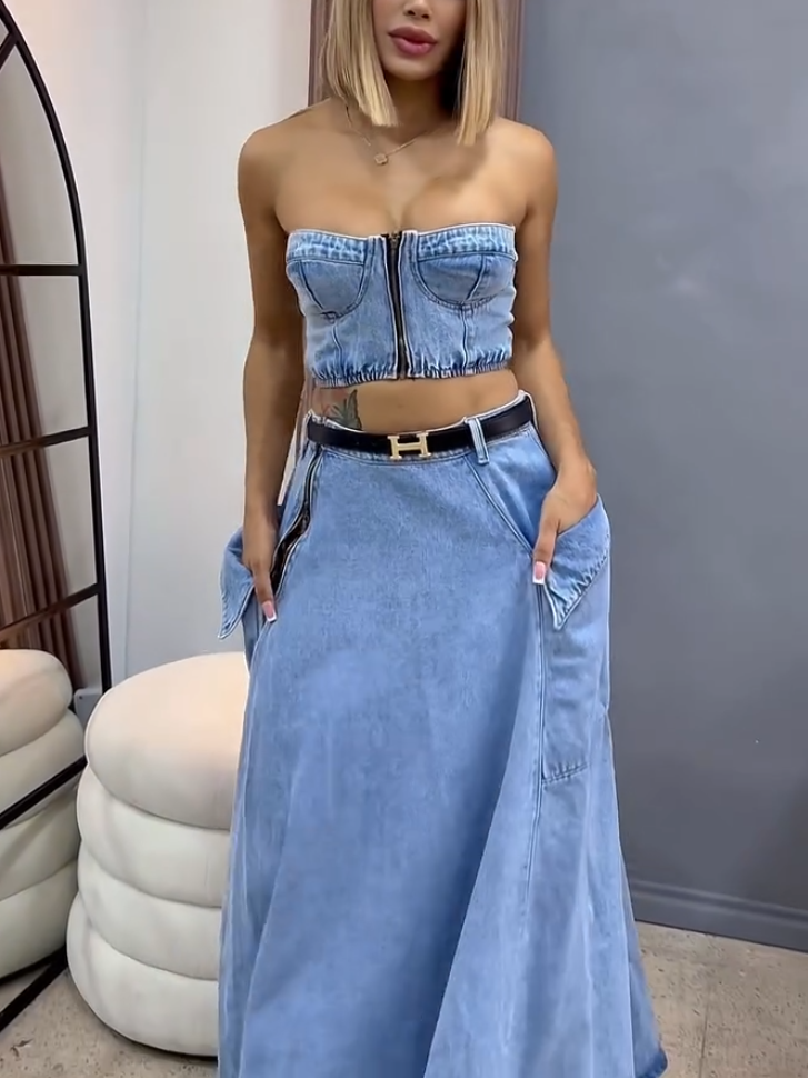 Elegant Light Blue Denim Zip Tube Top Two-Piece Set