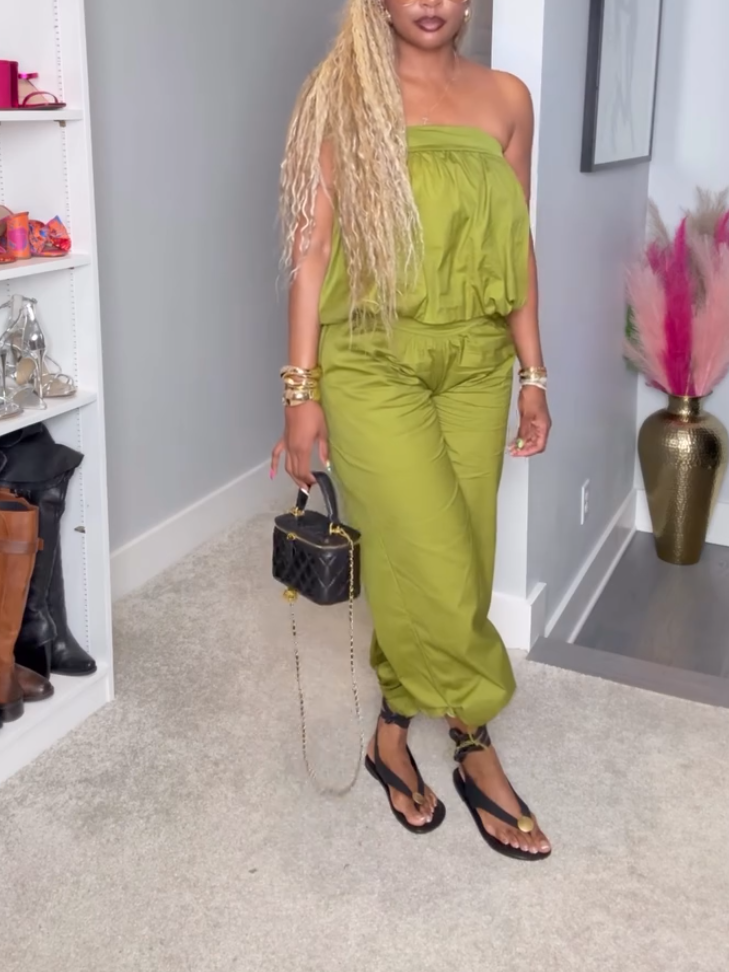 Casual Green Bubble Strapless Two-piece Set