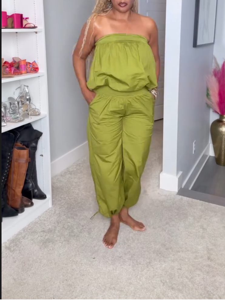 Casual Green Bubble Strapless Two-piece Set