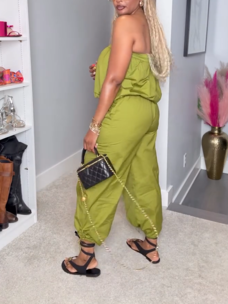 Casual Green Bubble Strapless Two-piece Set