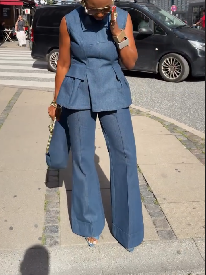 Elegant Denim Backless Pocket Two-Piece Set