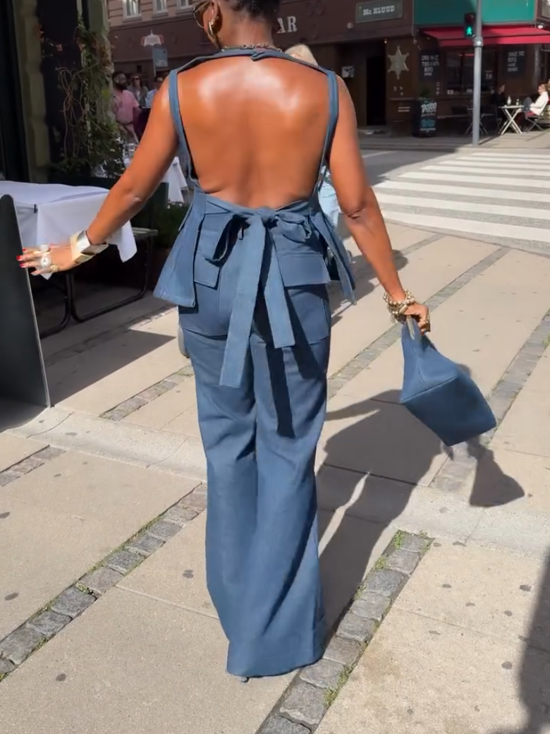 Elegant Denim Backless Pocket Two-Piece Set