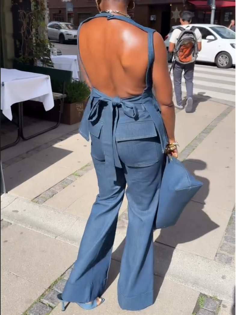 Elegant Denim Backless Pocket Two-Piece Set