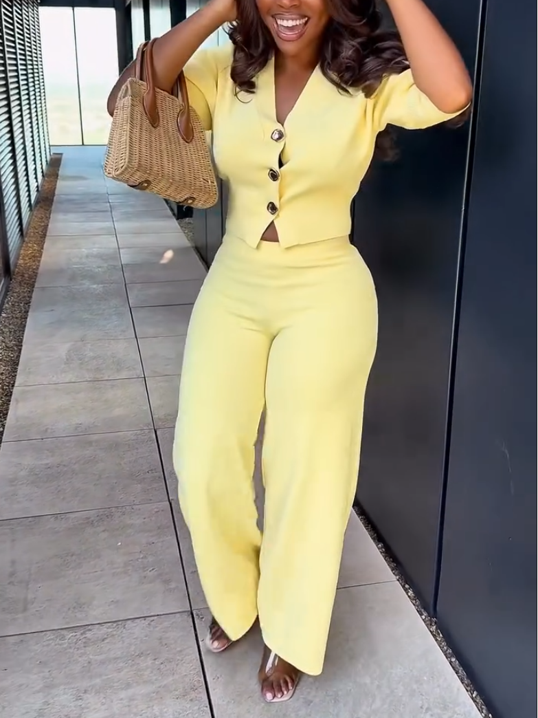 Elegant Yellow Knit Long Sleeve Two-piece Set