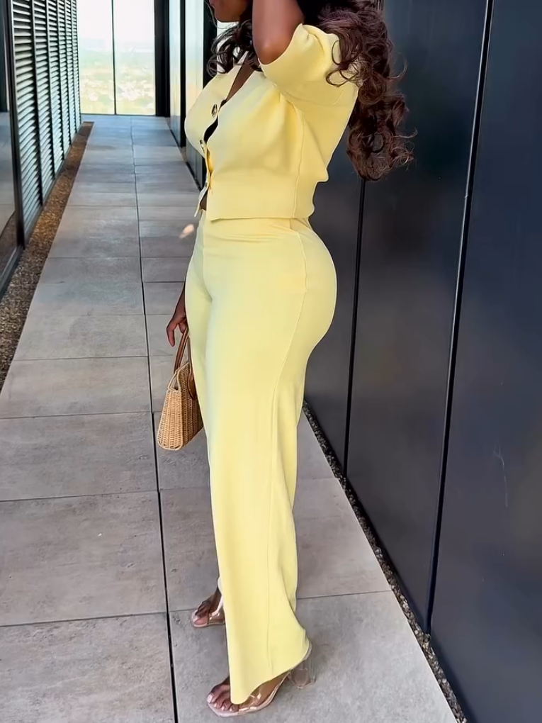 Elegant Yellow Knit Long Sleeve Two-piece Set
