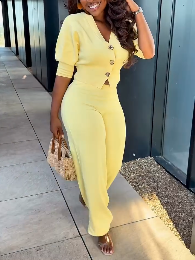 Elegant Yellow Knit Long Sleeve Two-piece Set