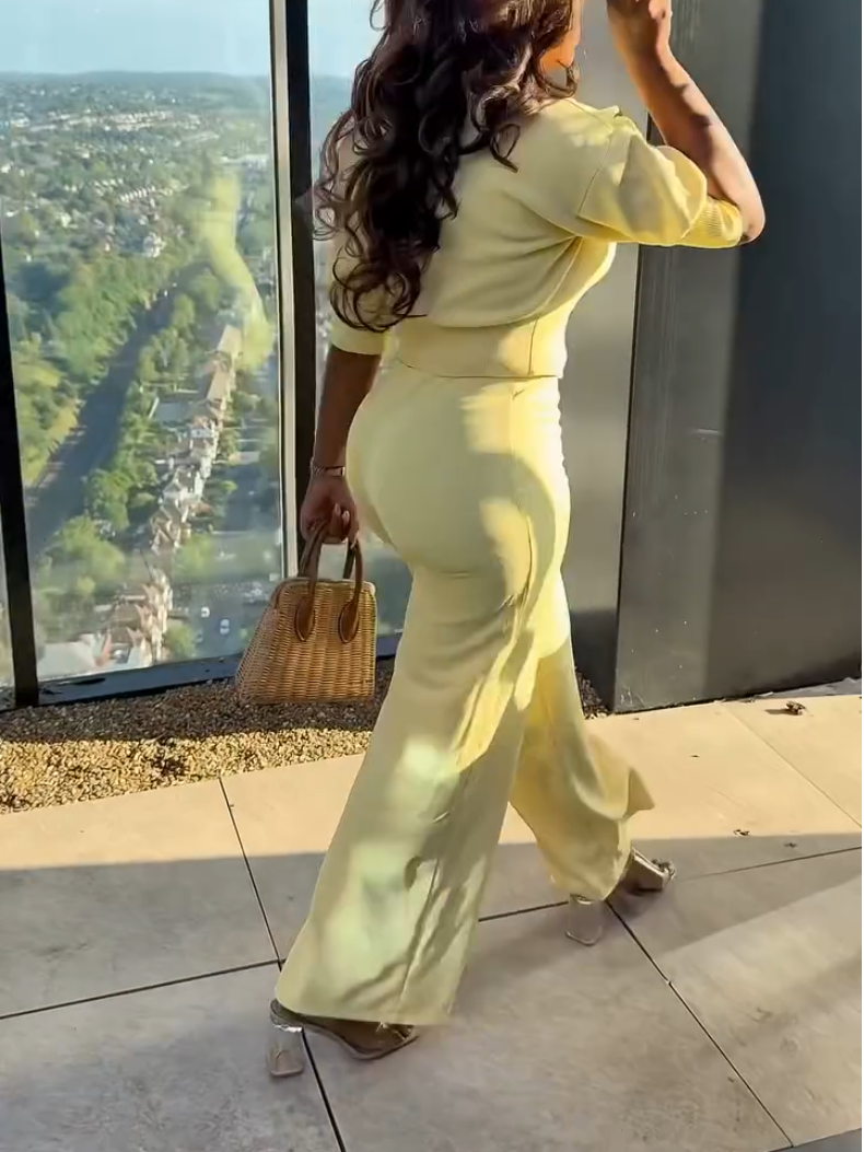 Elegant Yellow Knit Long Sleeve Two-piece Set