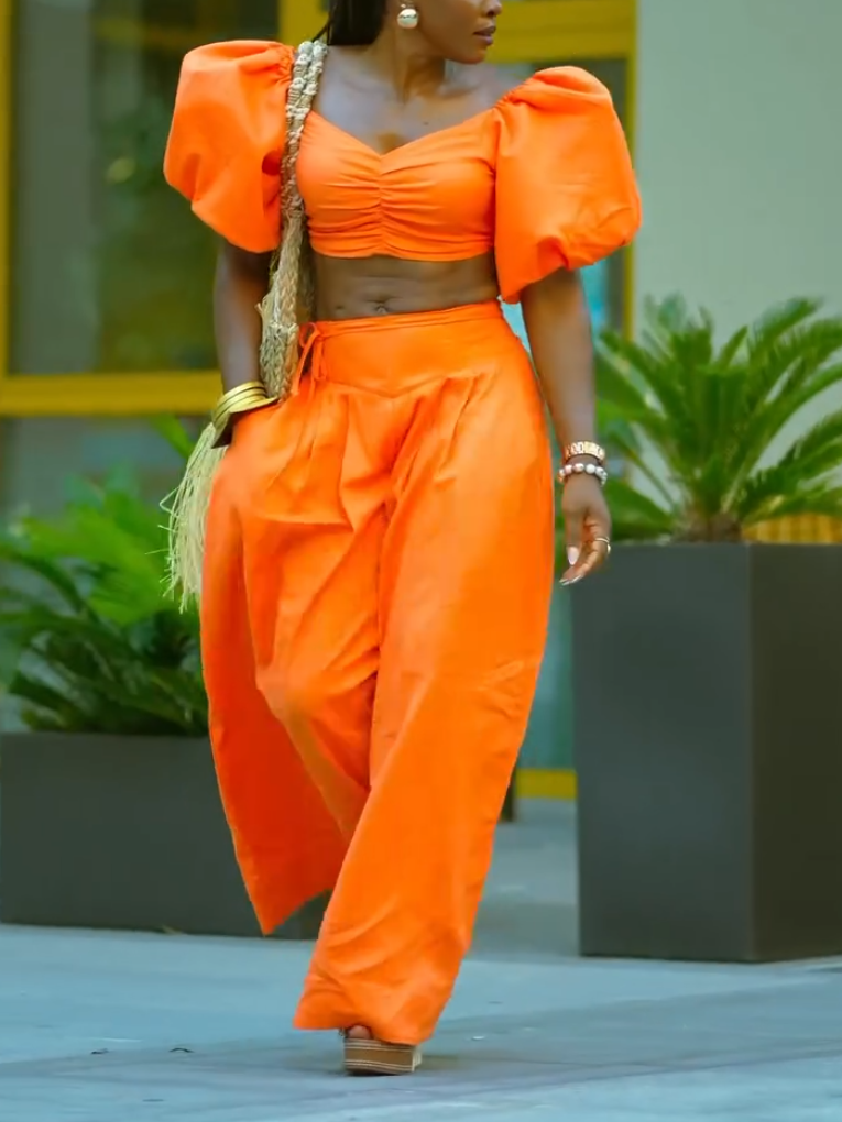 Elegant Orange Puff Sleeve Two-piece Set