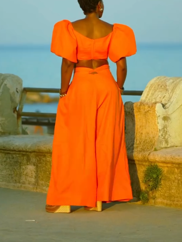 Elegant Orange Puff Sleeve Two-piece Set