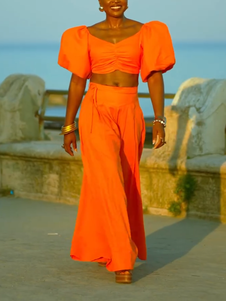 Elegant Orange Puff Sleeve Two-piece Set