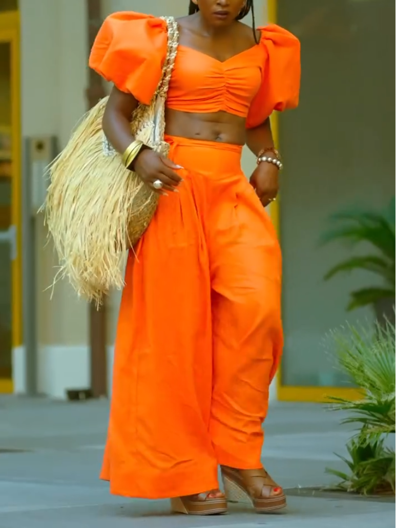 Elegant Orange Puff Sleeve Two-piece Set