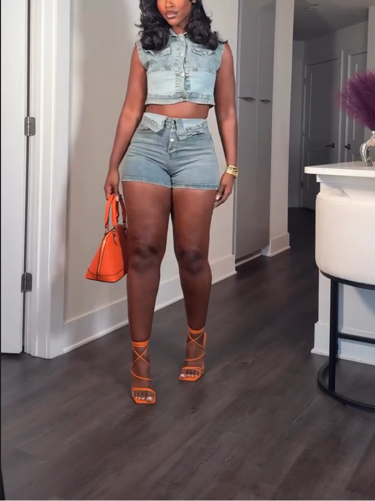 Denim Mini Shirt Two-piece Set