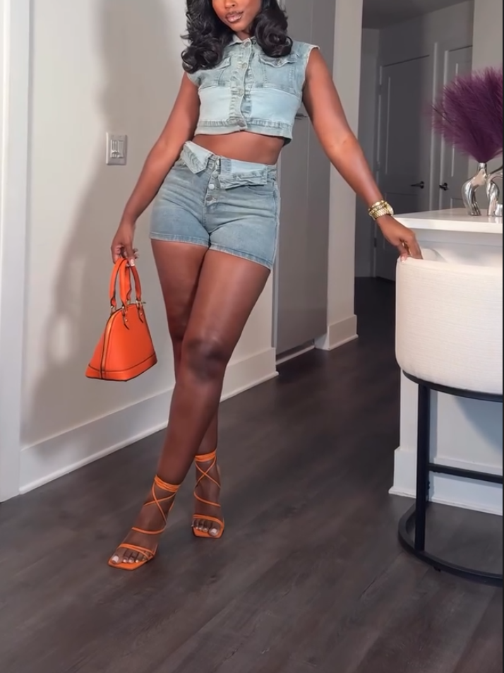 Denim Mini Shirt Two-piece Set