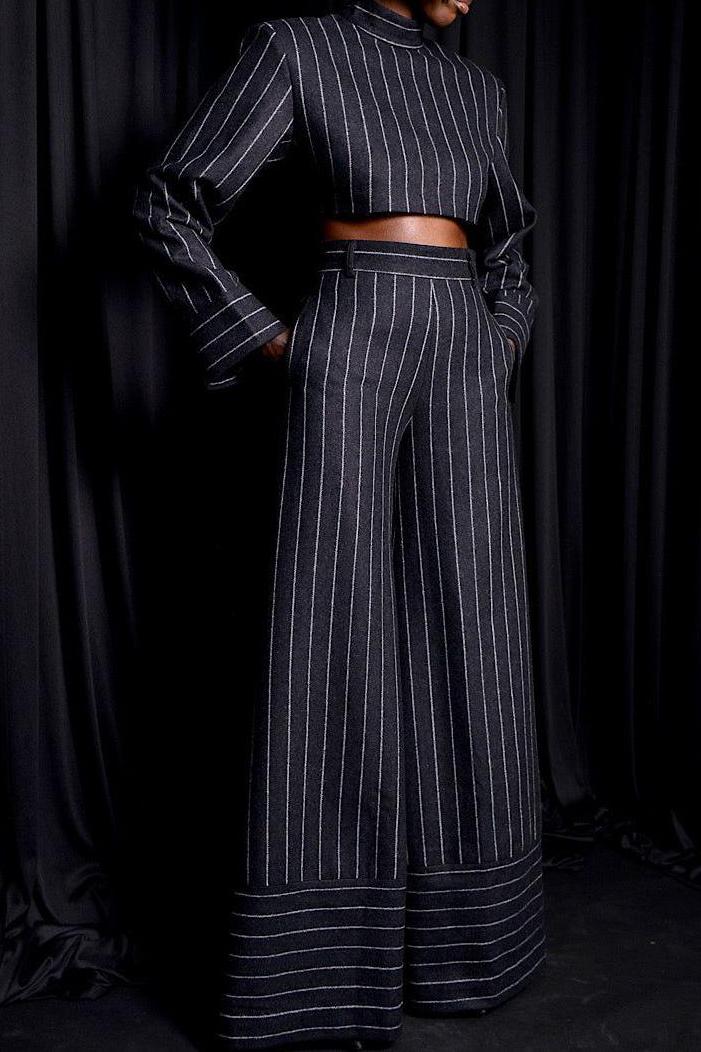Elegant Navy Blue Striped Long-Sleeve Two-Piece Set