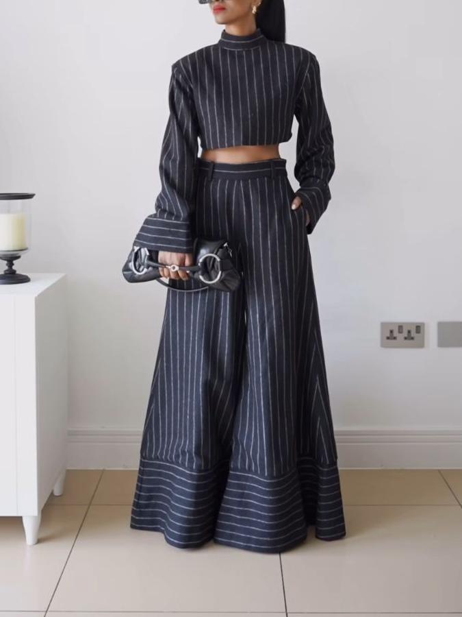Elegant Navy Blue Striped Long-Sleeve Two-Piece Set